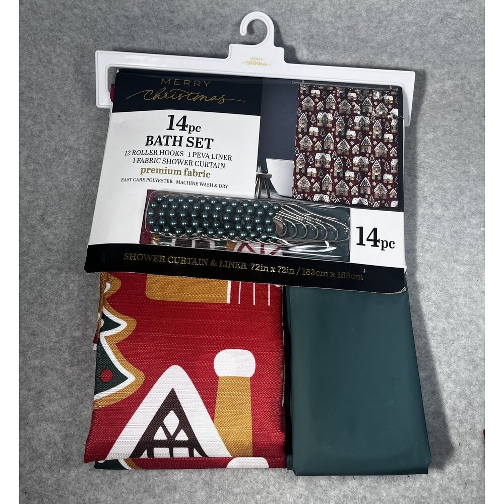 Merry Christmas 14pc Bath Set Shower Curtain Liner Hooks‎ Gingerbread House New